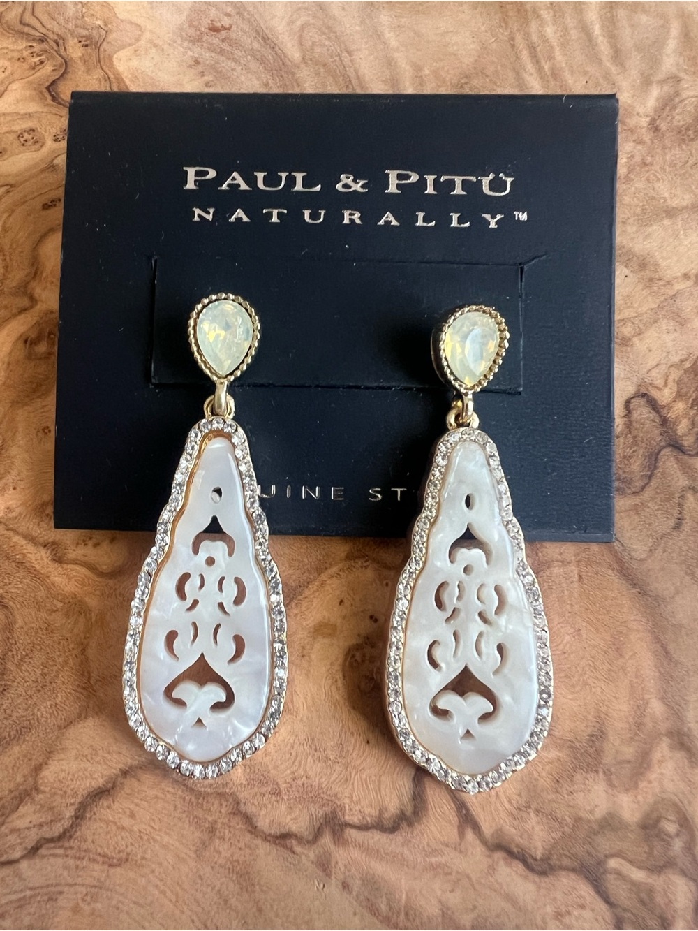 White Abalone and Hematite Drop Earrings with Gold Accents